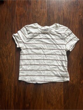 Old Navy White Tee with Light Brown Stripes